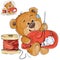 Vector illustration of a brown teddy bear tailor holding in his paw needle and thread and sewing something, needlework