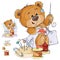 Vector illustration of a brown teddy bear tailor sews a red patch in the shape of a heart