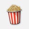 Vector illustration. Bucket full of popcorn. Red and white striped paper cup. Symbol of the film industry and TV watching