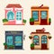 Vector illustration of buildings that are shops for buying presents. Set of nice flat shops. Different Showcases -