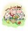 Vector illustration bull in love congratulates the cow with flowers,family cherful