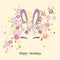 Vector illustration with Bunny ears, smiling eyes, flower wreath.