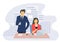 Vector illustration of business employees, male and female, talking about business processes in the office, solving problems