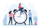 Vector illustration of business time management concept. The team of employees enthusiastically works and discusses the