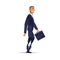 Vector illustration of businessman with artificial legs in dark blue suit with briefcase.