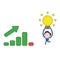 Vector illustration of businessman character carrying glowing light bulb idea to sales bar graph moving up and down. Color and