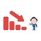 Vector illustration of businessman character with sales bar graph moving down and giving thumbs-down. Color and black outlines.