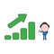 Vector illustration of businessman character with sales bar graph moving up and giving thumbs-up. Color and black outlines.
