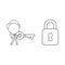 Vector illustration of businessman character walking and carrying key to unlock padlock. Black outline.