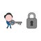 Vector illustration of businessman character walking and carrying key to unlock padlock. Color and black outlines.