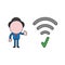 Vector illustration of businessman character with wireless wifi symbol with check mark and giving thumbs up. Color and black