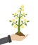 Vector illustration of businessman hold money tree in hand. Green plant with coins growing out of a handful of ground