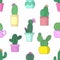 Vector illustration of cacti in flowerpots. Seamless bright pattern.