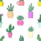 Vector illustration of cacti in flowerpots. Seamless color pattern.