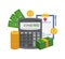 Vector illustration with calculator, gold coins, dollars and financial report