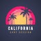 Vector Illustration California Surf Session Tshirt Design. Sunset With Palm Trees In Retro Grunge Style.