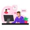 Vector illustration of a call center consultant. Cartoon scene with consultant who works all day, communicates with the