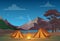 Vector illustration of camping in night time with beautiful view on mountains. Family camping evening time. Tent, fire