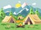 Vector illustration camping with tents on nature, fry chicken meat on open fire