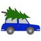 Vector illustration, car with Christmas tree, isolate