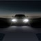 Vector illustration of car headlights on asphalt rural road with intersection at night before dawn in suburban