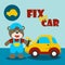 Vector illustration of car repair shop cartoon with funny mechanic. Vector childish background for fabric textile, nursery