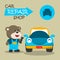 Vector illustration of car repair shop cartoon with funny mechanic. Vector childish background for fabric textile, nursery