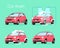 Vector illustration of car wash concept. Washing car process service, red car in soap and water on green background in