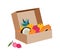 Vector illustration of the cardboard box with exotic fruit: papaya, coconut, mango, orange, lychee.