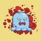Vector illustration of cartoon angry monster with big teeth on blood stains background.