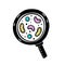 Vector illustration with cartoon bacterial microorganisms under a magnifier glass.