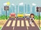 Vector illustration cartoon character child, observance traffic rules, lonely brunette girl schoolchild schoolgirl go to