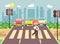 Vector illustration cartoon character child, observance traffic rules, lonely redhead boy schoolchild schoolboy go to
