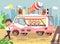 Vector illustration cartoon character child, pupil, schoolboy lonely brunette boy buy eat ice cream, vanilla, chocolate