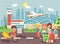 Vector illustration cartoon character late boy run to little children girl standing at airport, departing plane, bag