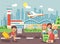 Vector illustration cartoon character late boy run to little children girl standing at airport, departing plane, bag