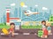 Vector illustration cartoon character late boy run to little children girl standing at airport, departing plane, bag
