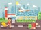Vector illustration cartoon character late delay boy runs to bags and suitcases standing at airport, departing plane