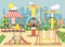 Vector illustration of cartoon character lonely boy child schoolboy resting in empty amusement park ride on swing, chain