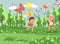 Vector illustration cartoon character two children, young naturalists, biologist boy and girl catch colorful butterflies