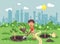 Vector illustration cartoon characters of child little lonely brunette boy digs hole in ground for planting in garden