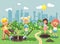 Vector illustration cartoon characters of children boy and girl planting in garden seedlings of tree, little child with