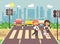 Vector illustration cartoon characters children, observance traffic rules, boy and girl schoolchildren classmates go to