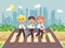 Vector illustration cartoon characters children, observance traffic rules, boy schoolboys, classmates pupils go to road