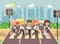 Vector illustration cartoon characters children, observance traffic rules, boys and girls schoolchildren classmates go