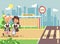 Vector illustration cartoon characters children, traffic rules, two blonde and brunette girls schoolchildren, pupils go