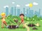 Vector illustration cartoon characters of children two little boys dig hole in ground for planting in garden seedlings