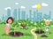 Vector illustration cartoon characters of children two little girls near dug holes in ground for planting in garden