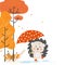 Vector illustration of cartoon cute hedgehog under an umbrella in the rain.Autumn forest flat design