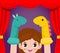 Vector illustration cartoon of cute little children playing sock puppets in theater, Kids with Sock Puppets for a Show isolated